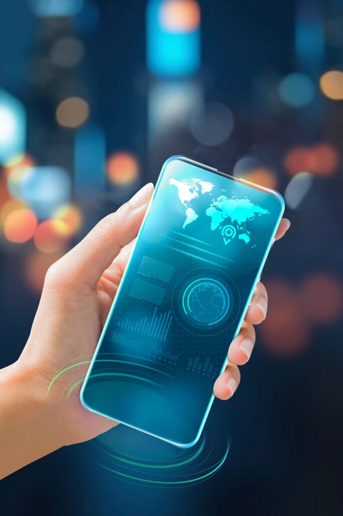 Hand holding glass morphism phone transparent screen global digital futuristic AI with bokeh lights city street at night vertical background