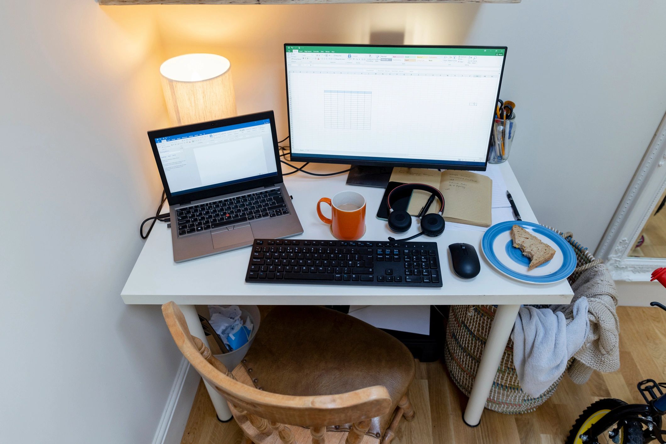 Desk with dual monitors in a home office
